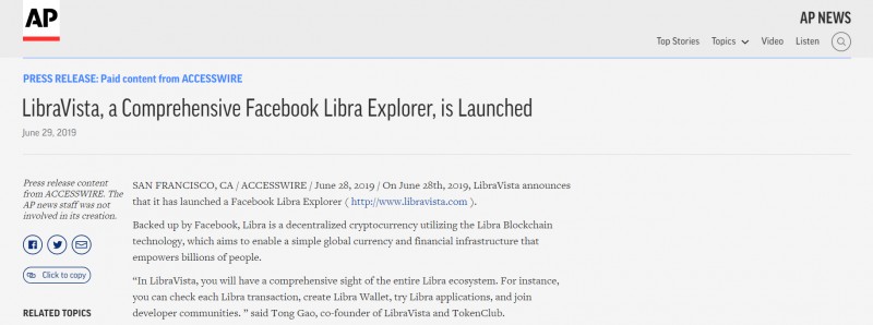 LibraVista推出了全球首家基于Libra的区块链浏览器